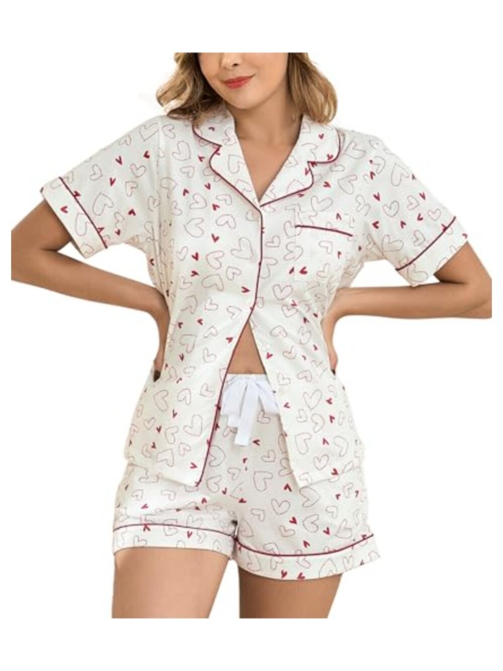 100% Cotton Pajama Set Short Sleeve Button Down Sleepwear with Pockets